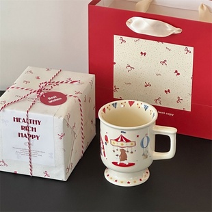 出口韩国可爱童趣马克杯卡通动物插画高脚陶瓷杯小众水杯咖啡杯子