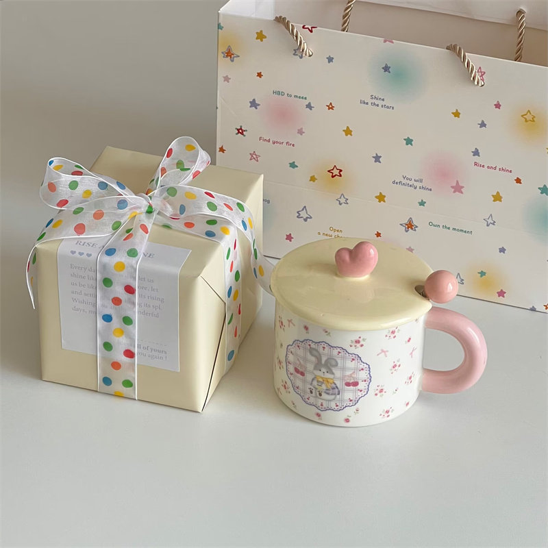 开学礼物包装可爱卡通萌宠带盖勺陶瓷水杯子下午茶咖啡杯伴手礼盒