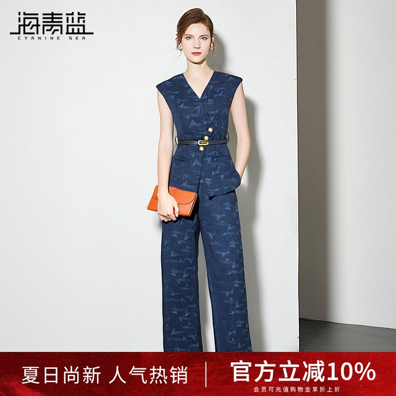 海青蓝 无袖背心马甲两件套2025年新款夏季高端纹理直筒裤套装女