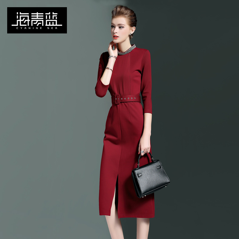 券后378.00元海青蓝2019秋装新款女红色收腰时尚拼接修身显瘦开叉连衣裙05090