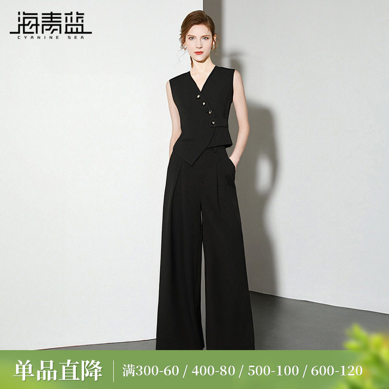 海青蓝 无袖套装女2026年新款夏季高级设计纯色休闲裤女装两件套