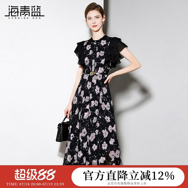 海青蓝 连衣裙夏女2025新款高级设计感印花中长款法式女装裙子