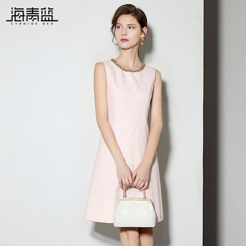 海青蓝裙子无袖连衣裙