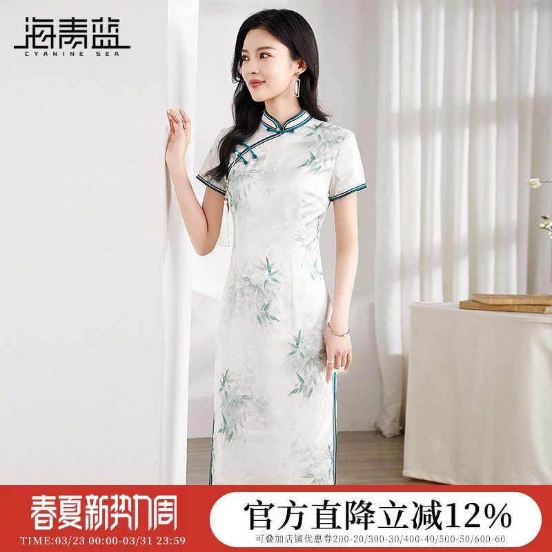 海青蓝新中式改良旗袍裙子2026夏季新款复古优雅竹子印花连衣裙女