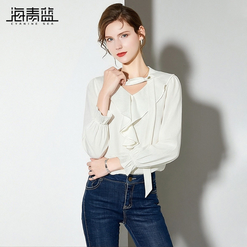 海青蓝 衬衫女高级感轻奢减龄洋气2026冬季围脖女装设计感上衣