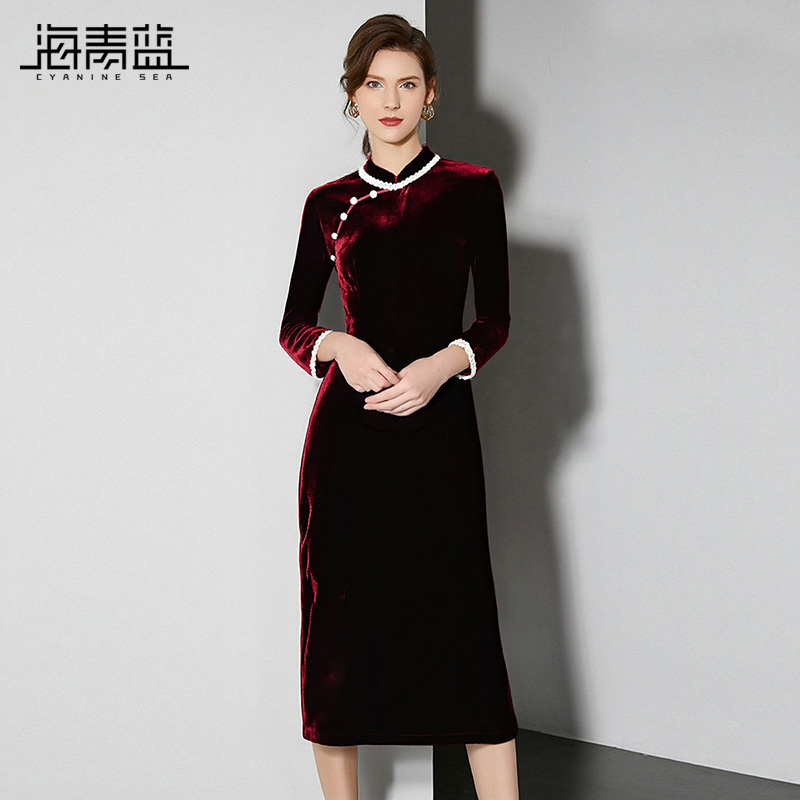 海青蓝旗袍丝绒连衣裙