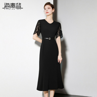 蕾丝拼接连衣裙女2025年新款 短袖 女装 气质中长款 裙子 时尚 海青蓝