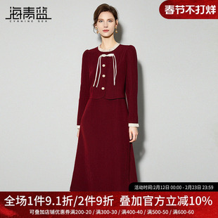 海青蓝新中式国风假两件红色连衣裙女2025秋冬新款小个子中长裙