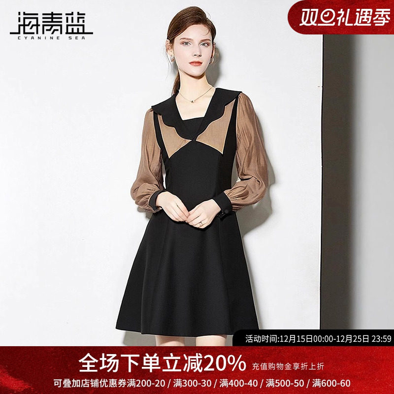 海青蓝女装通勤穿搭裙子2025新款秋季娃娃领气质显瘦减龄连衣裙女