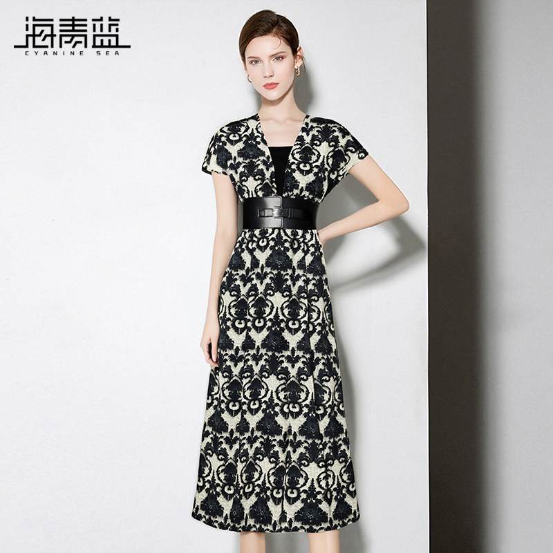 海青蓝 连体裤夏女2025新款短袖印花女装高级时尚气质中长款裙裤