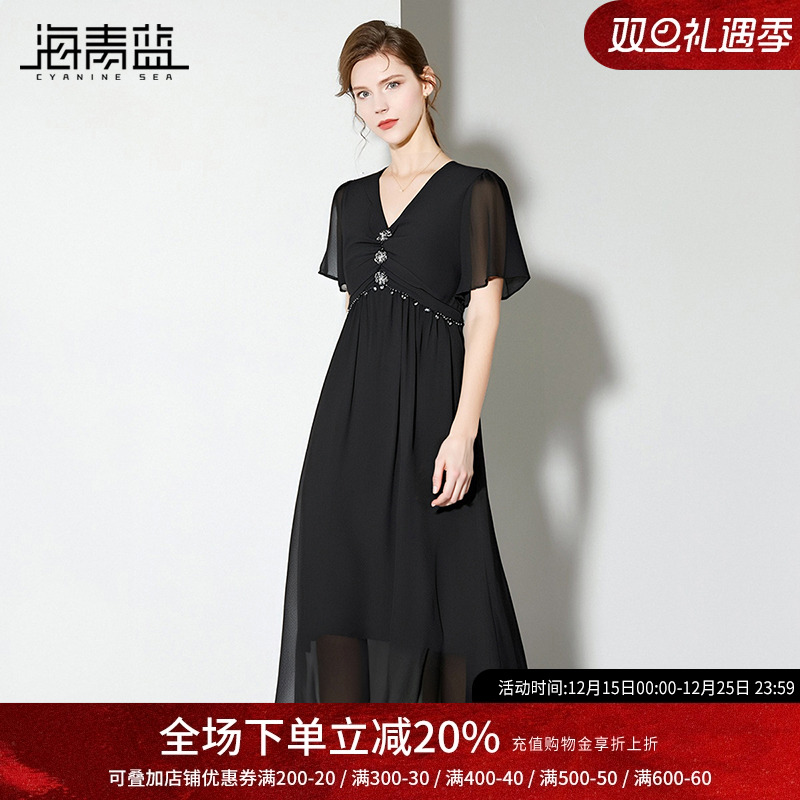 海青蓝气质V领显瘦黑色连衣裙