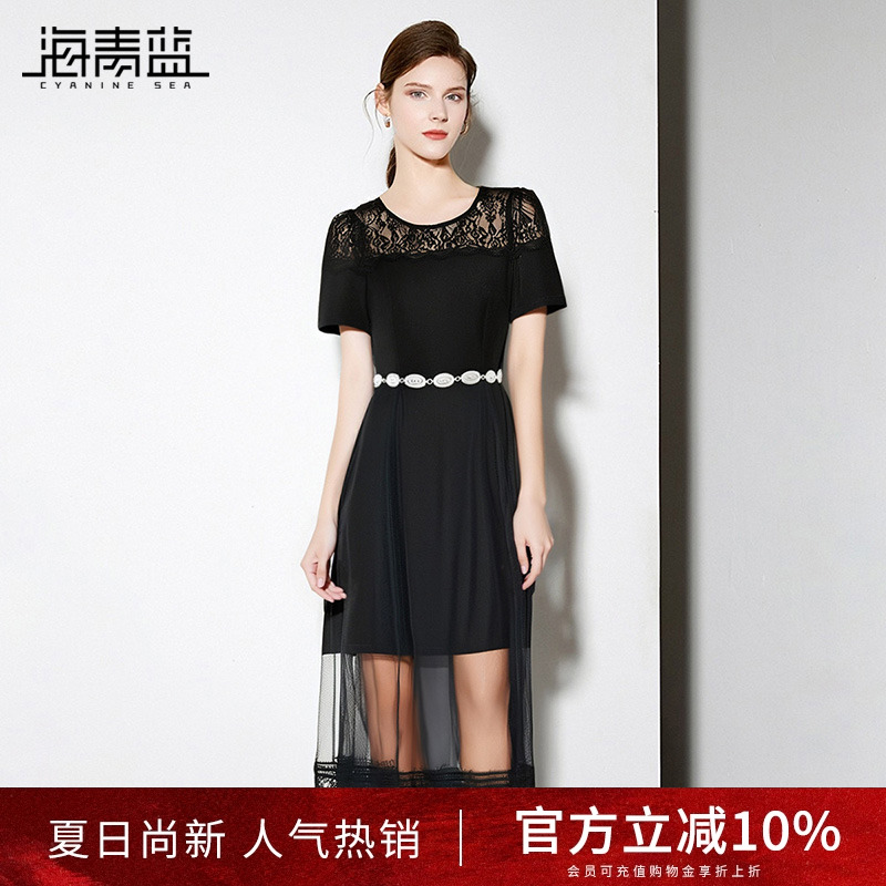 海青蓝 女装2025新款夏蕾丝短袖裙子时尚气质高级感小个子连衣裙