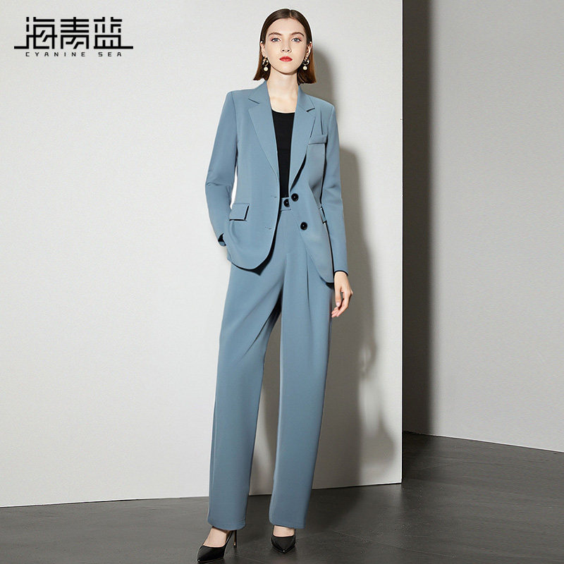 海青蓝 时尚套装2026年新款蓝色女装长袖西服休闲裤两件套