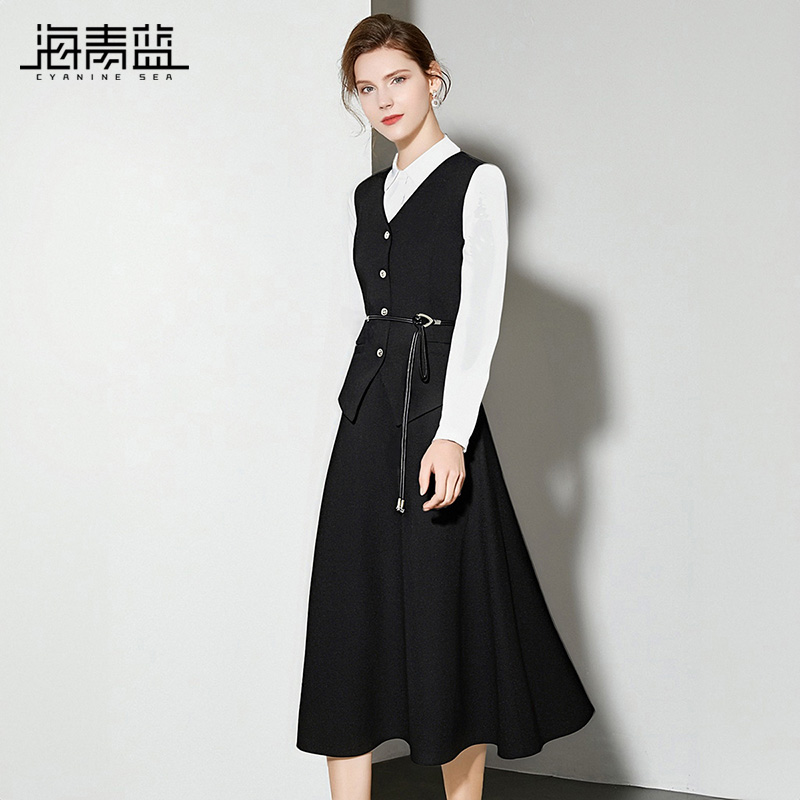 海青蓝 无袖套装西装裙2025年新款时尚气质女装纯色秋季两件套女