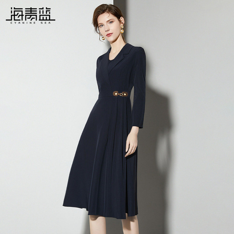 海青蓝时尚气质收腰西装领连衣裙女2025秋季新款端庄大气通勤裙子