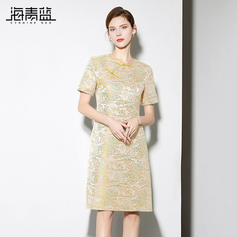 海青蓝  国风提花连衣裙女2026夏季新款轻薄气质显瘦短袖短款裙子图片