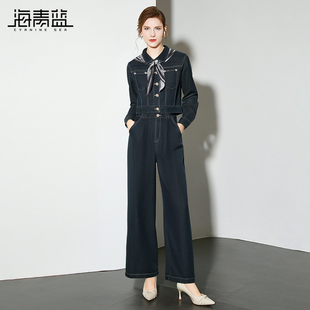 高级感阔腿裤 新款 牛仔外套两件套 2025秋季 海青蓝又酷又飒牛仔套装