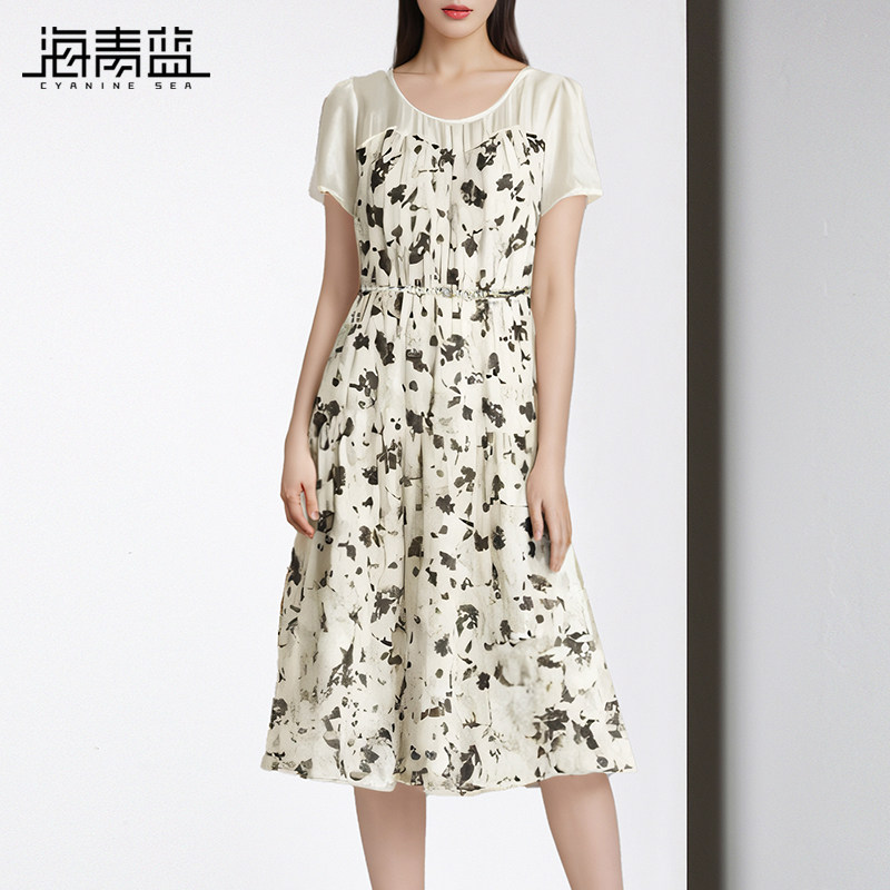 海青蓝气质优雅印花连衣裙女2025夏季新款收腰显瘦拼接假两件裙子