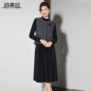 海青蓝 连衣裙套装女2025新款冬装优雅背心马甲女装高级百褶裙子