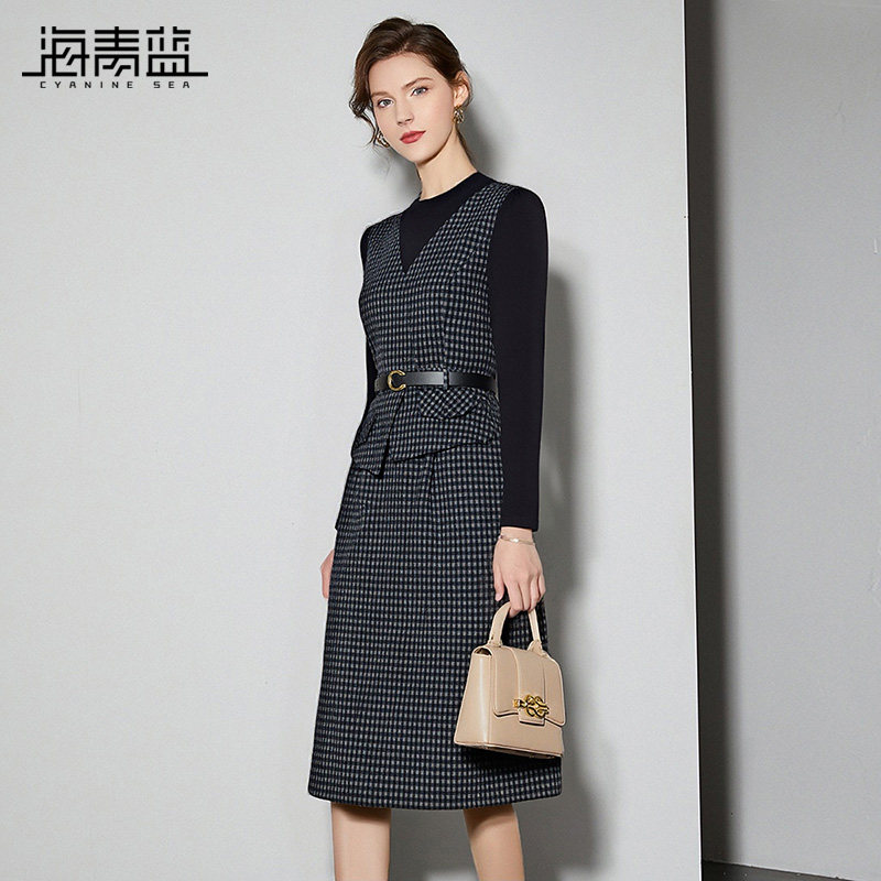 海青蓝 秋冬连衣裙女2026年新款高级格子设计感小众长袖女装裙子