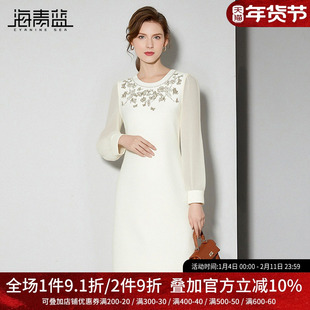 海青蓝 圆领连衣裙2025年新款好看长袖女装高级中长款白色裙子