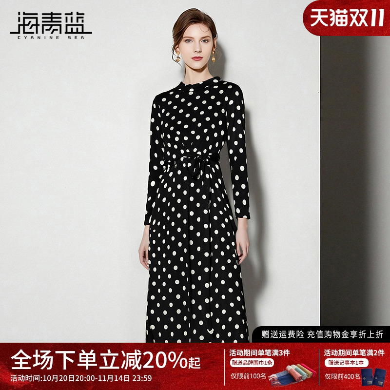 海青蓝秋季波点连衣裙