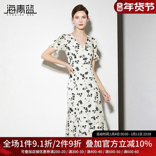 海青蓝 连衣裙夏女2025新款短袖简约时尚气质大方海边度假女装子