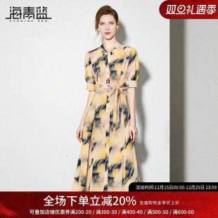 系扣配腰带中长款 海青蓝 2025新款 女装 a字连衣裙女 印花裙子夏装