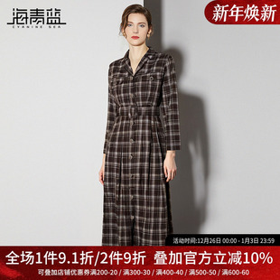 收腰长袖 海青蓝时尚 格纹衬衫 新款 连衣裙 复古格子连衣裙女2025春装