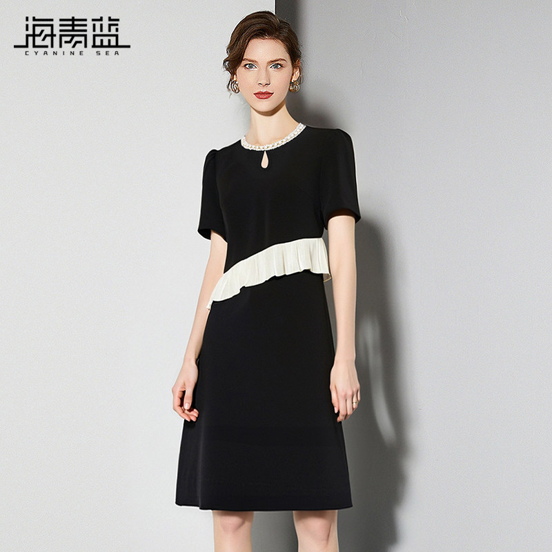 海青蓝气质名媛短袖连衣裙女2025夏季新款设计感钉珠领假两件裙子