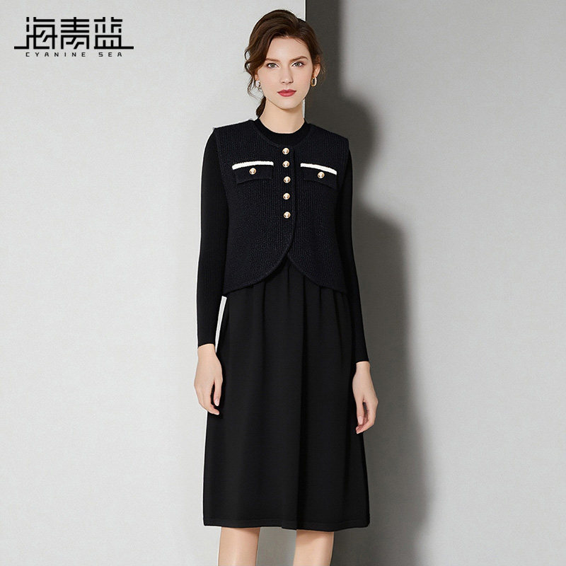 海青蓝 套装连衣裙秋冬女2025年新款高端设计感马夹两件套裙子