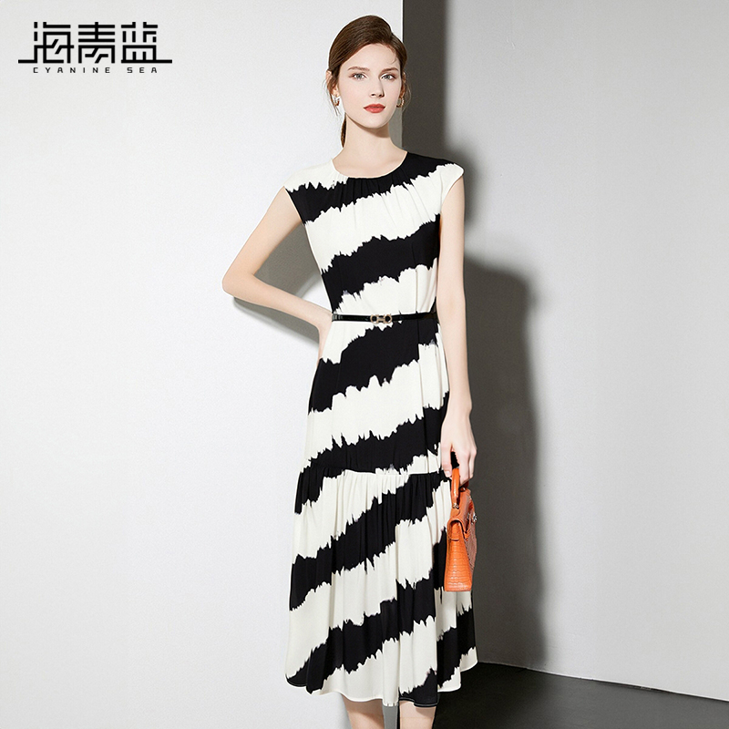 海青蓝女士撞色连衣裙