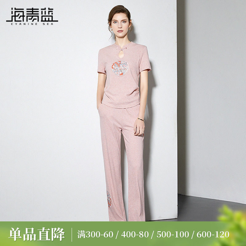 海青蓝新中式国风刺绣减龄两件套2026夏季新款舒适休闲运动套装女