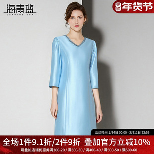 海青蓝 高级感连衣裙女2025新款冬时尚气质中袖女装中长款裙子