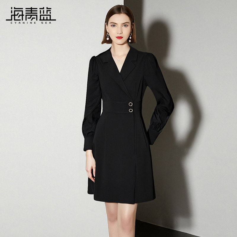海青蓝 西装领西装连衣裙女2026年新款长袖通勤风黑色女装裙子