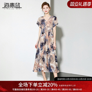 印花裙子夏装 a字中长款 女装 高端v领时尚 连衣裙女 2025新款 海青蓝