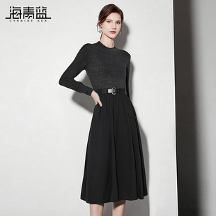 纯色女装 连衣裙2025年秋冬新款 高级针织上衣中长裙 长袖 海青蓝
