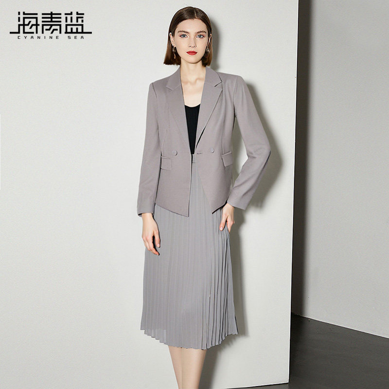海青蓝 高端西装套装2026年新款外套上衣长袖女装百褶裙两件套