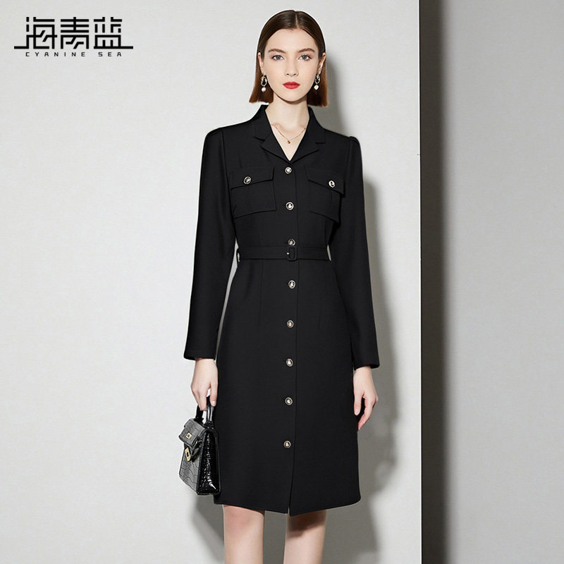 海青蓝 西装连衣裙女2026年新款西装裙长袖城市通勤系带女装裙子