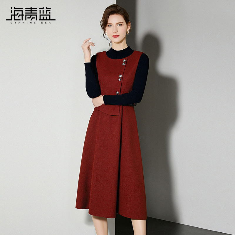 海青蓝红色套装连衣裙