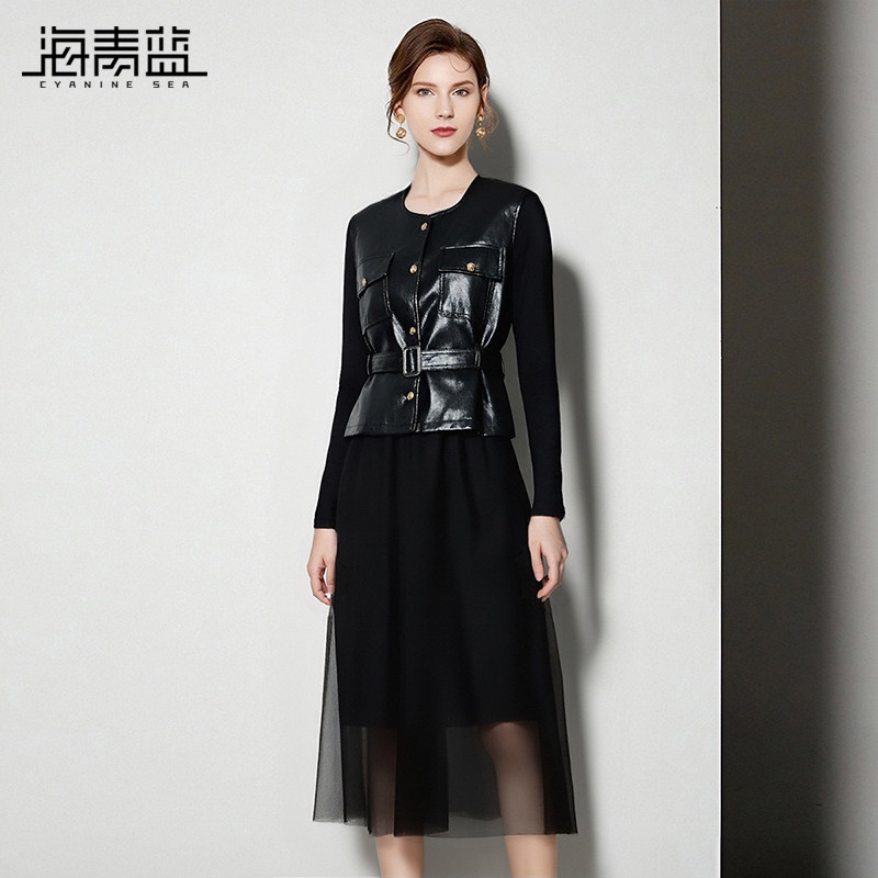 海青蓝 套装连衣裙秋冬女2025年新款长袖女装高级中长款网纱裙子