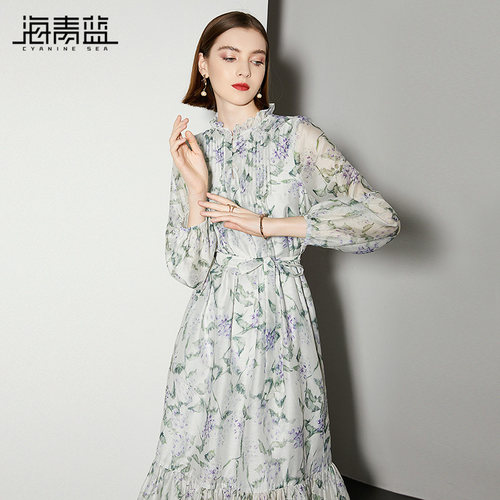 海青蓝温柔风仙女碎花连衣裙