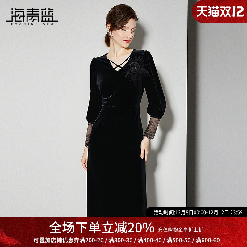 海青蓝高级感v领交叉丝绒连衣裙