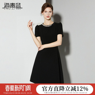 海青蓝法式高级感黑色圆领钉珠短袖连衣裙女2026新款简约通勤裙子