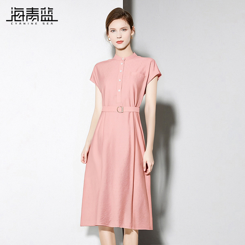 海青蓝无袖纯色连衣裙