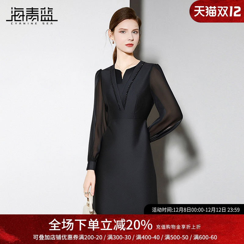 海青蓝秋冬长袖连衣裙