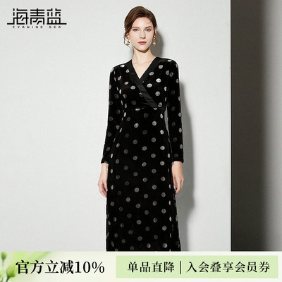海青蓝波点丝绒连衣裙女