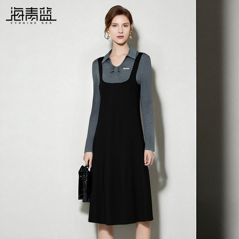 海青蓝 秋冬连衣裙女2025年新款翻领长袖中长款修身高级女装裙子