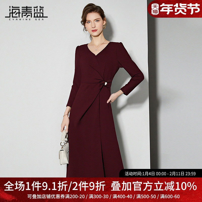 海青蓝 红色连衣裙女2025新款冬长袖v领正式大方小众女装中长裙子