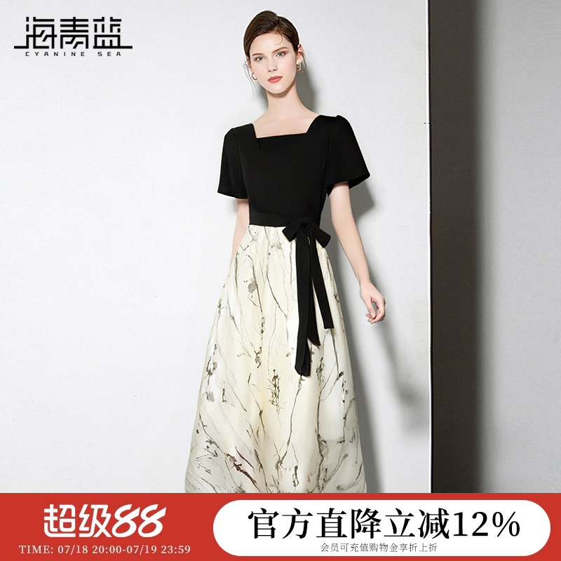 海青蓝 连衣裙夏女2025新款高级设计感女装拼接时尚气质短袖裙子
